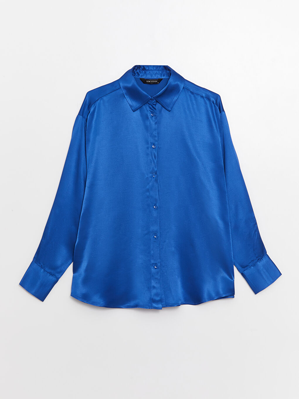 Mavi Düz Uzun Kollu Saten Oversize Kadın Gömlek-5
