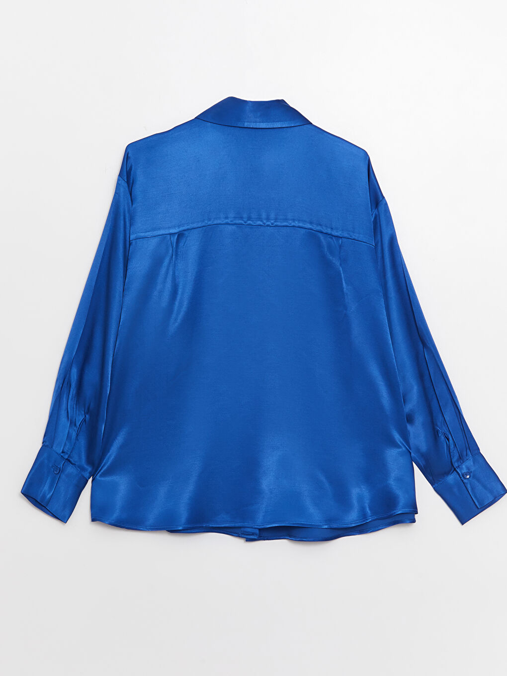 Mavi Düz Uzun Kollu Saten Oversize Kadın Gömlek-6