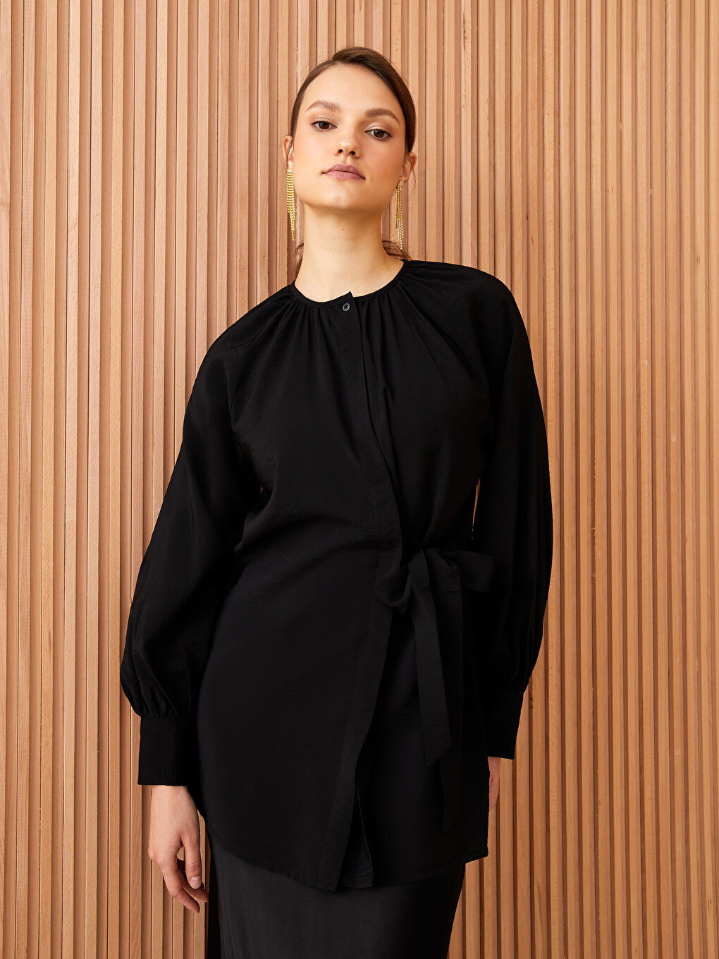 Туника с круглым вырезом, однотонная, с длинным рукавом для женщин-1