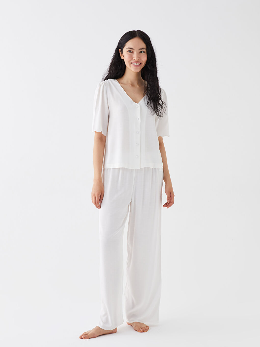 V Neck Plain Short-Sleeve Poplin Women's Pajama Set -S3DT37Z8-FDU