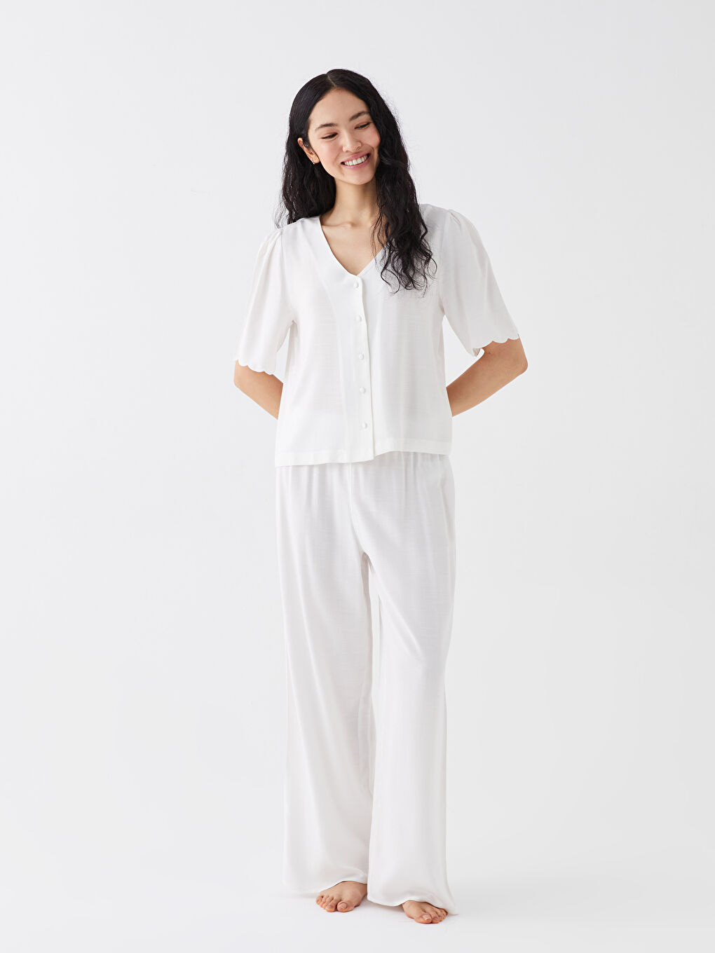 V Neck Plain Short-Sleeve Poplin Women's Pajama Set -S3DT37Z8-FDU