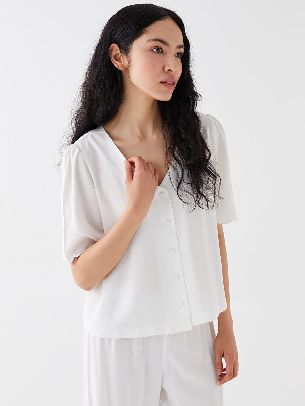 V Neck Plain Short-Sleeve Poplin Women's Pajama Set -S3DT37Z8-FDU