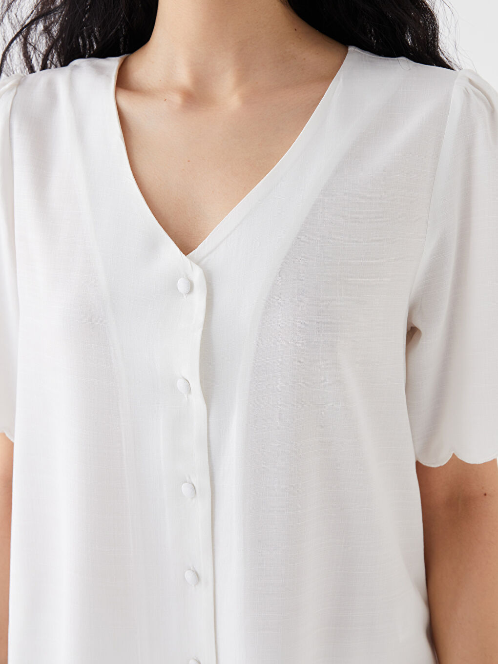 V Neck Plain Short-Sleeve Poplin Women's Pajama Set -S3DT37Z8-FDU
