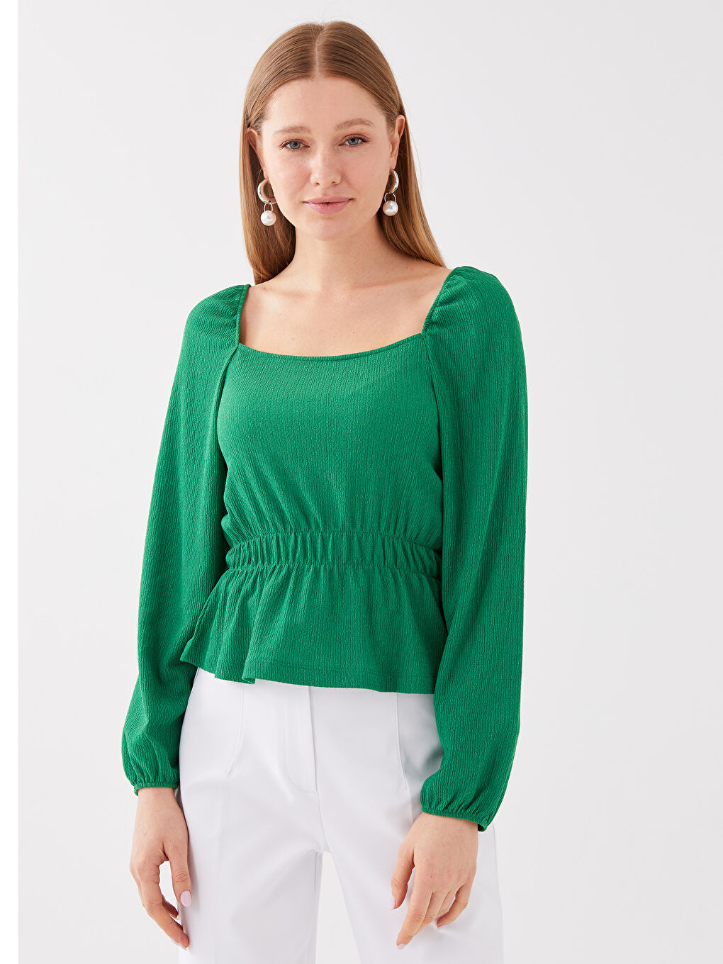 Yeşil Kare Yaka Düz Uzun Kollu Kadın Bluz-1