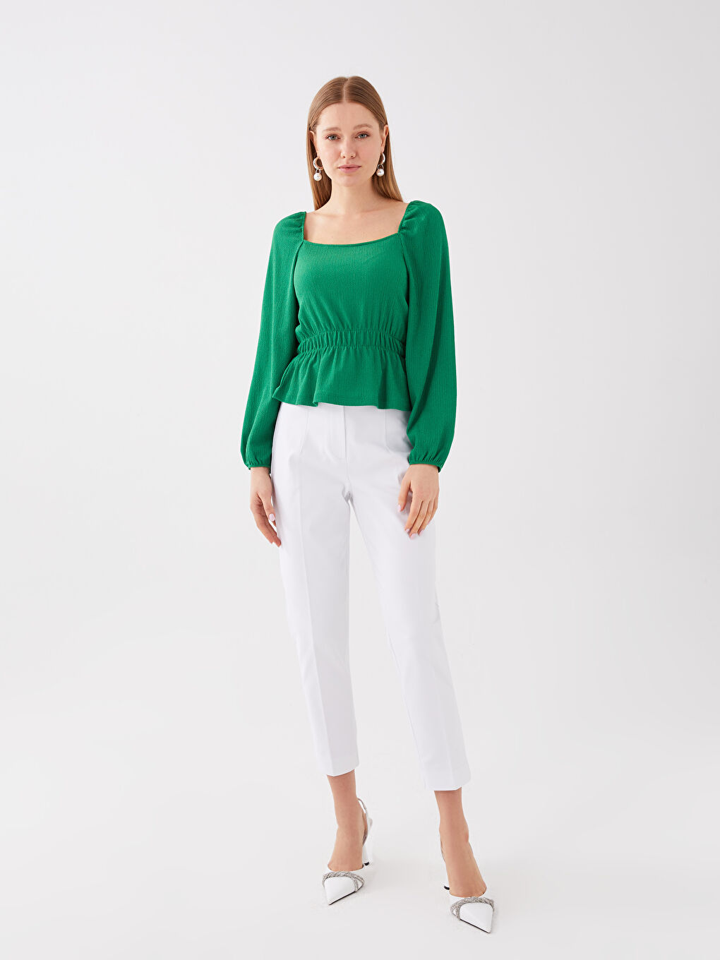 Yeşil Kare Yaka Düz Uzun Kollu Kadın Bluz-2