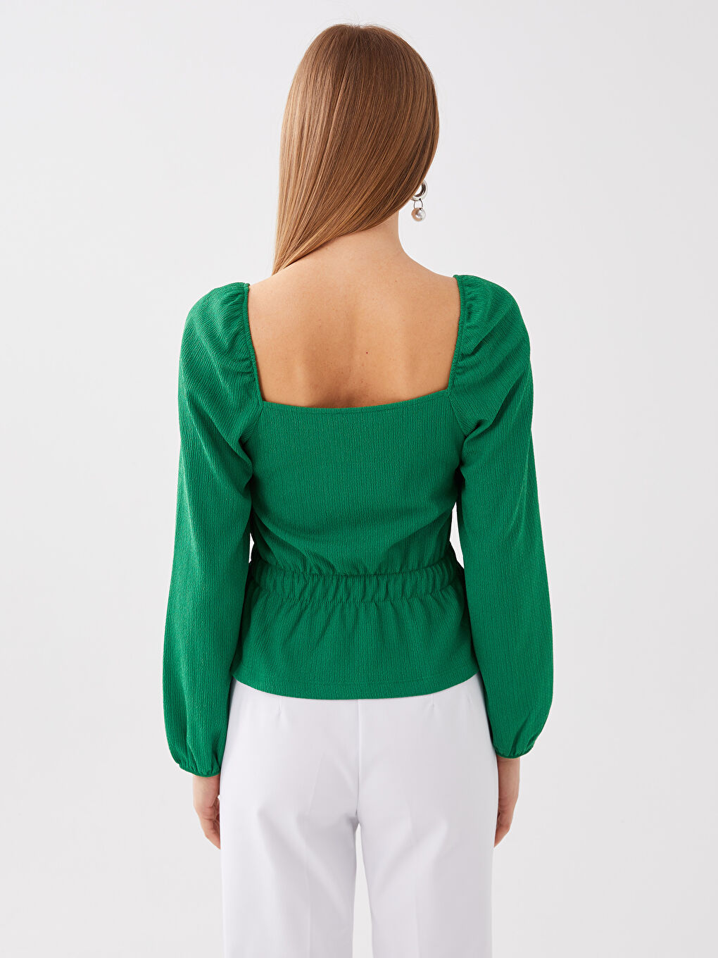 Yeşil Kare Yaka Düz Uzun Kollu Kadın Bluz-4