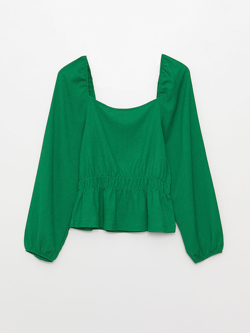 Yeşil Kare Yaka Düz Uzun Kollu Kadın Bluz-5