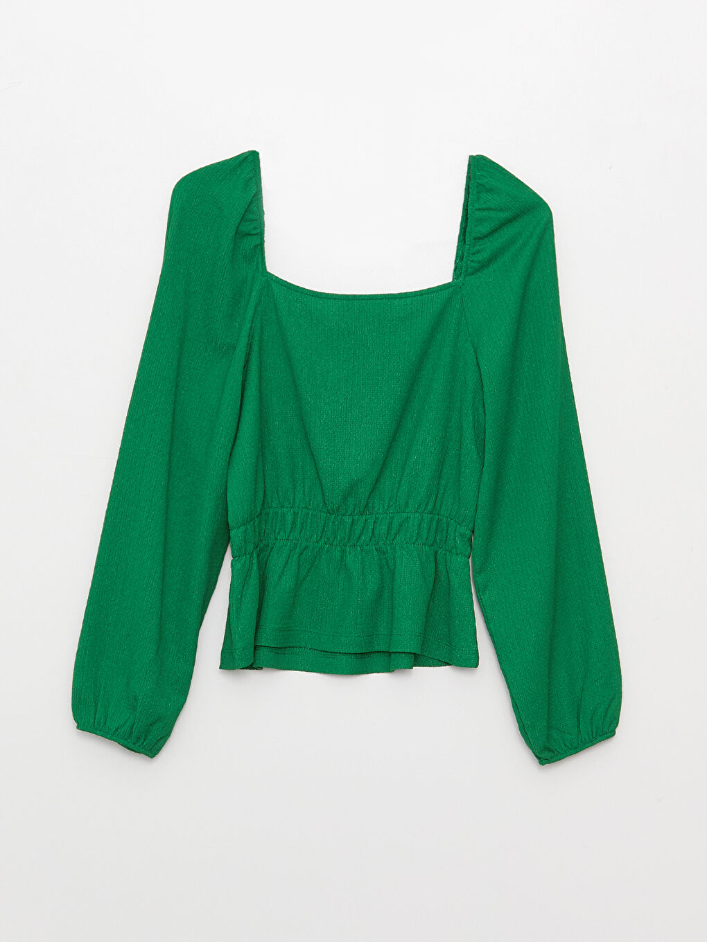 Yeşil Kare Yaka Düz Uzun Kollu Kadın Bluz-6