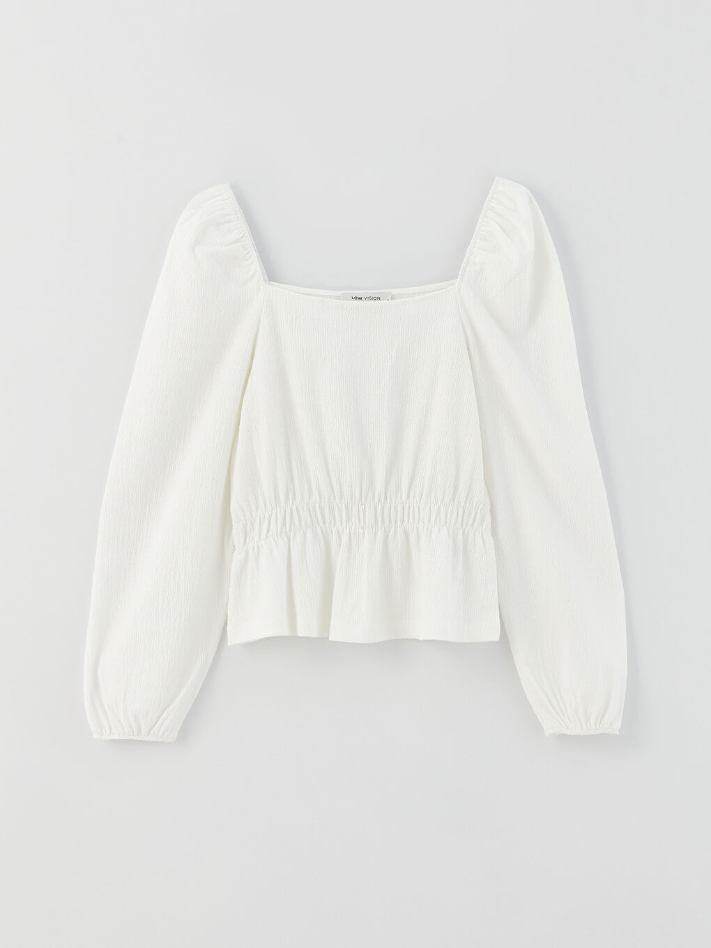 Ekru Kare Yaka Düz Uzun Kollu Kadın Bluz-5