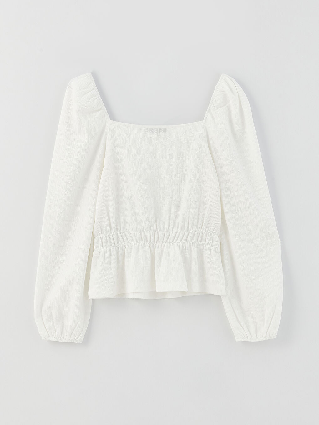 Ekru Kare Yaka Düz Uzun Kollu Kadın Bluz-6