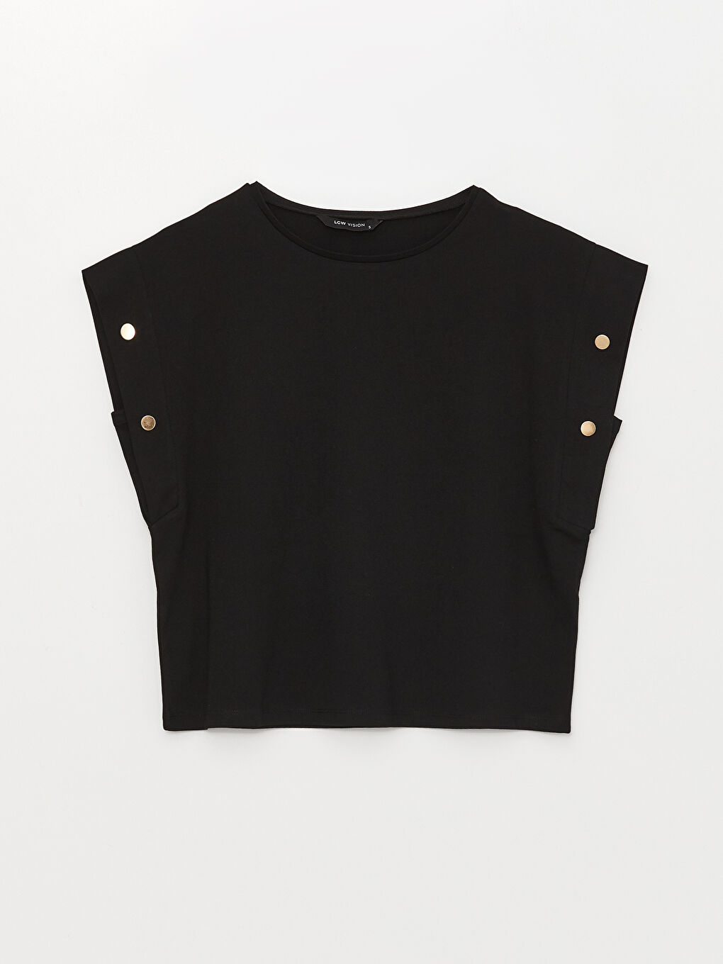 Siyah Bisiklet Yaka Düz Kısa Kollu Kadın Bluz-5