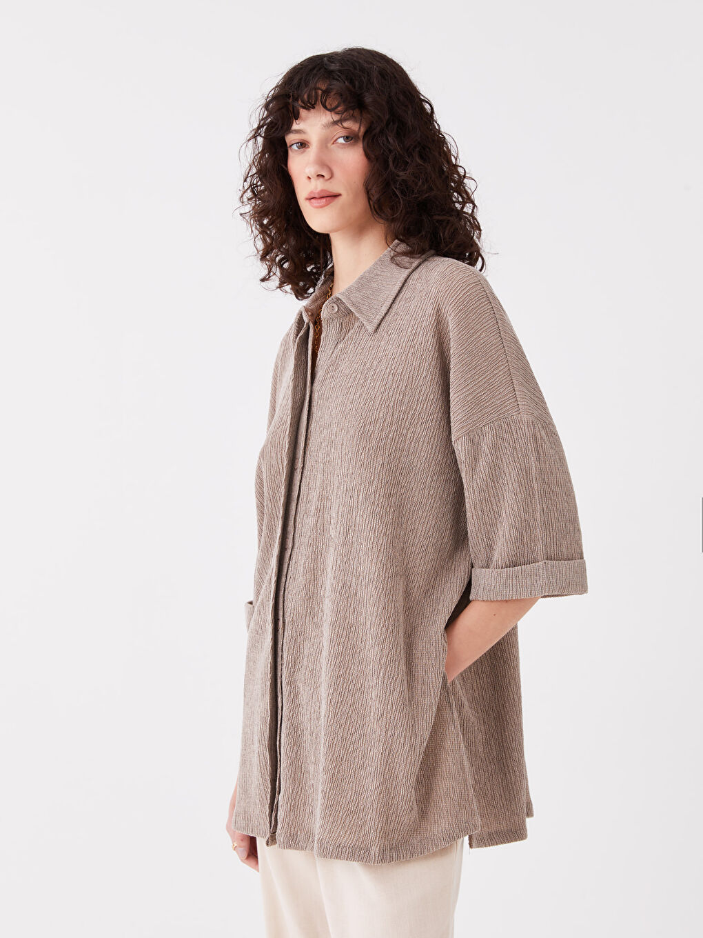 Collared Neck Plain Short Sleeve Oversize Women's Blouse