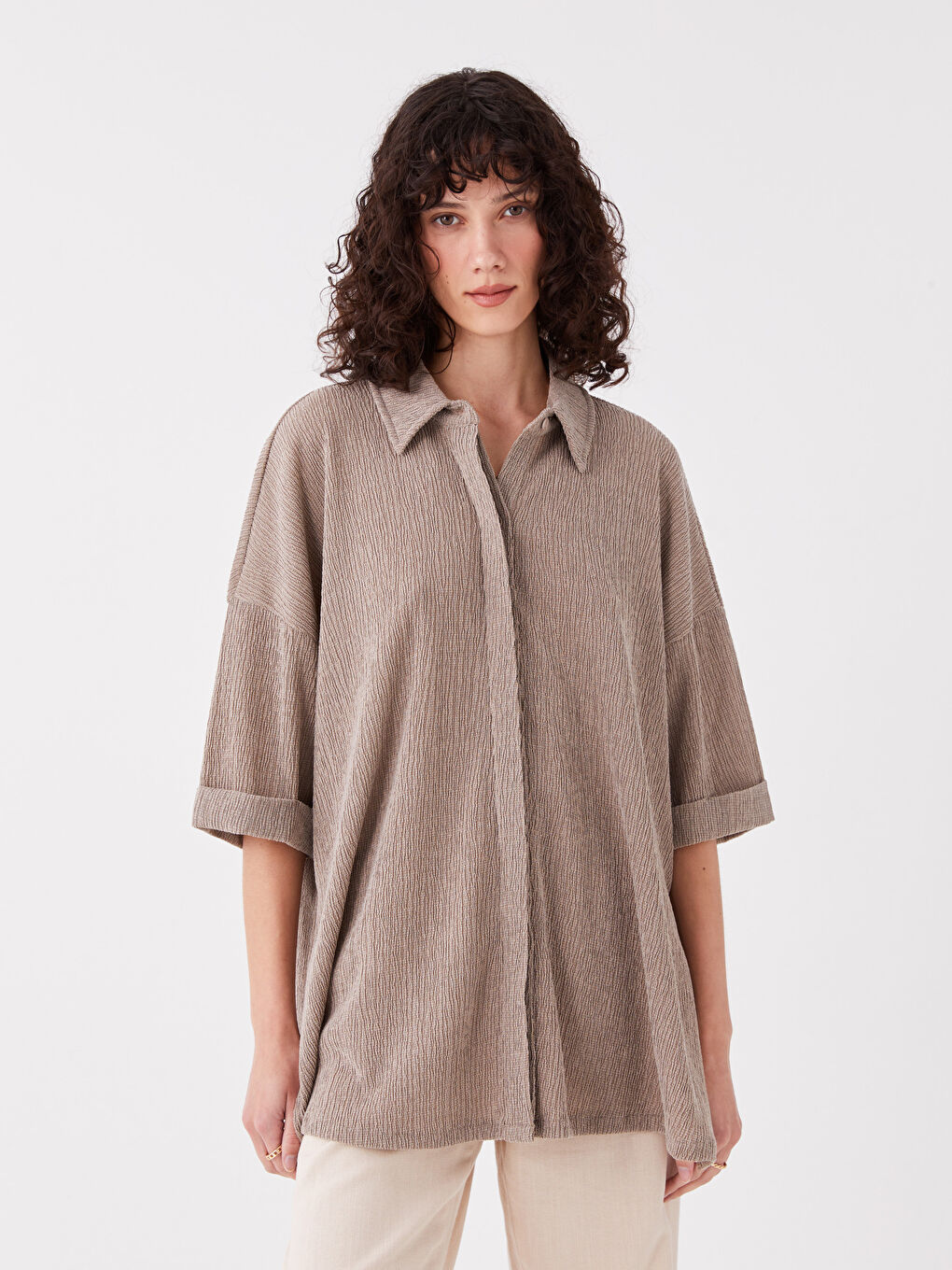 Collared Neck Plain Short Sleeve Oversize Women's Blouse-1