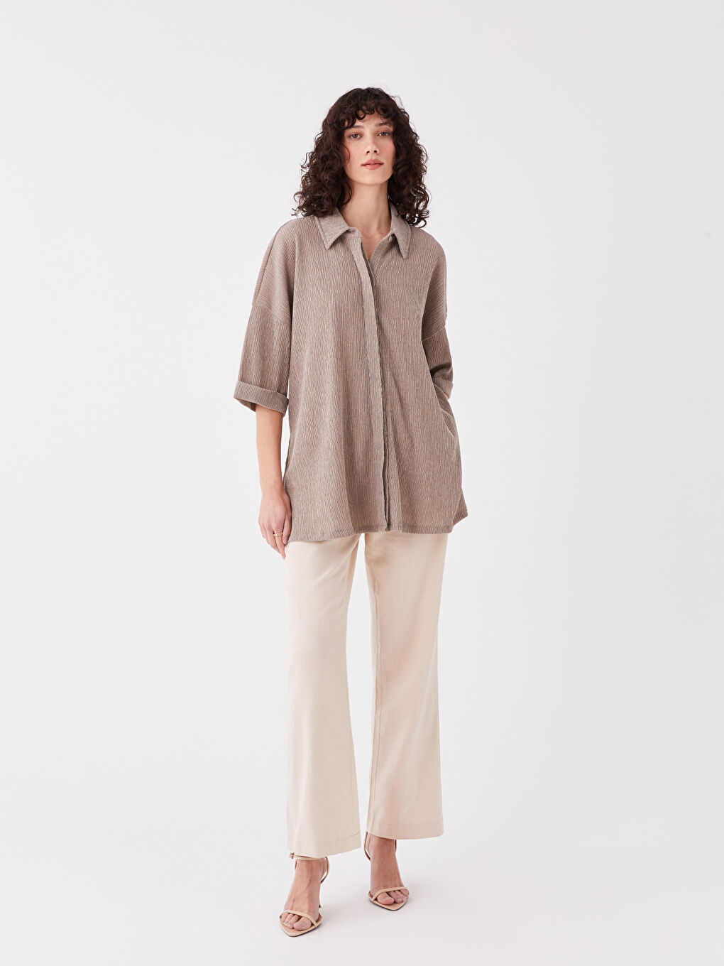 Collared Neck Plain Short Sleeve Oversize Women's Blouse-2