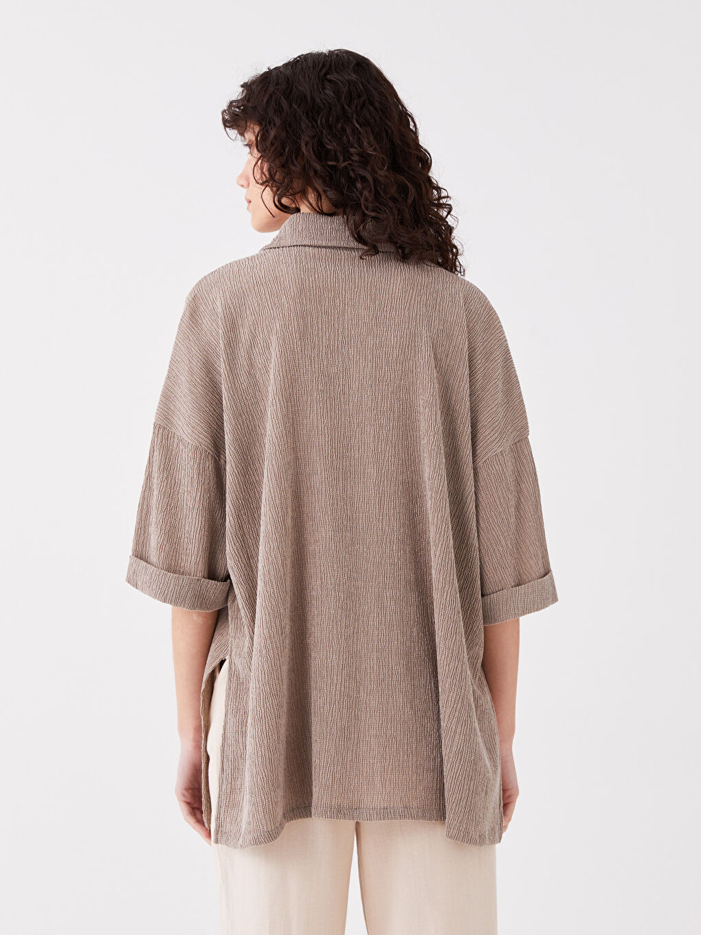 Collared Neck Plain Short Sleeve Oversize Women's Blouse-4