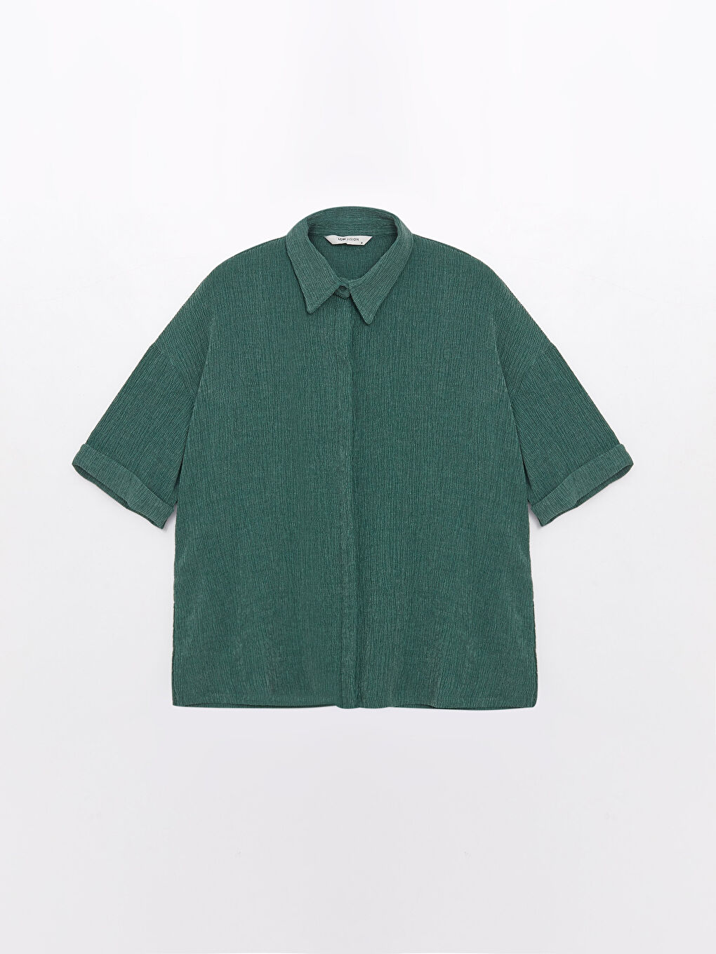 Yeşil Gömlek Yaka Düz Kısa Kollu Oversize Kadın Bluz-5