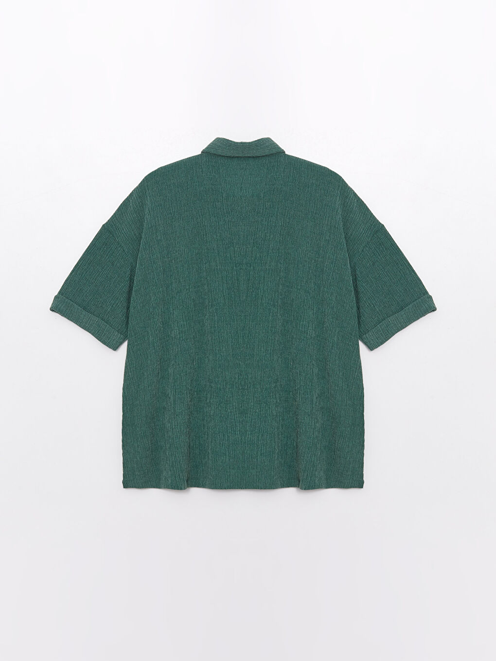 Yeşil Gömlek Yaka Düz Kısa Kollu Oversize Kadın Bluz-6