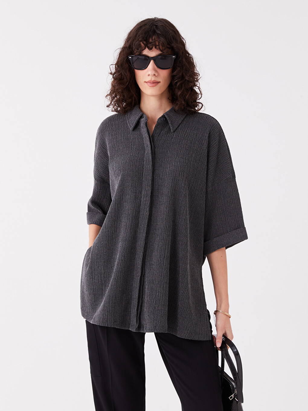 Collared Neck Plain Short Sleeve Oversize Women's Blouse