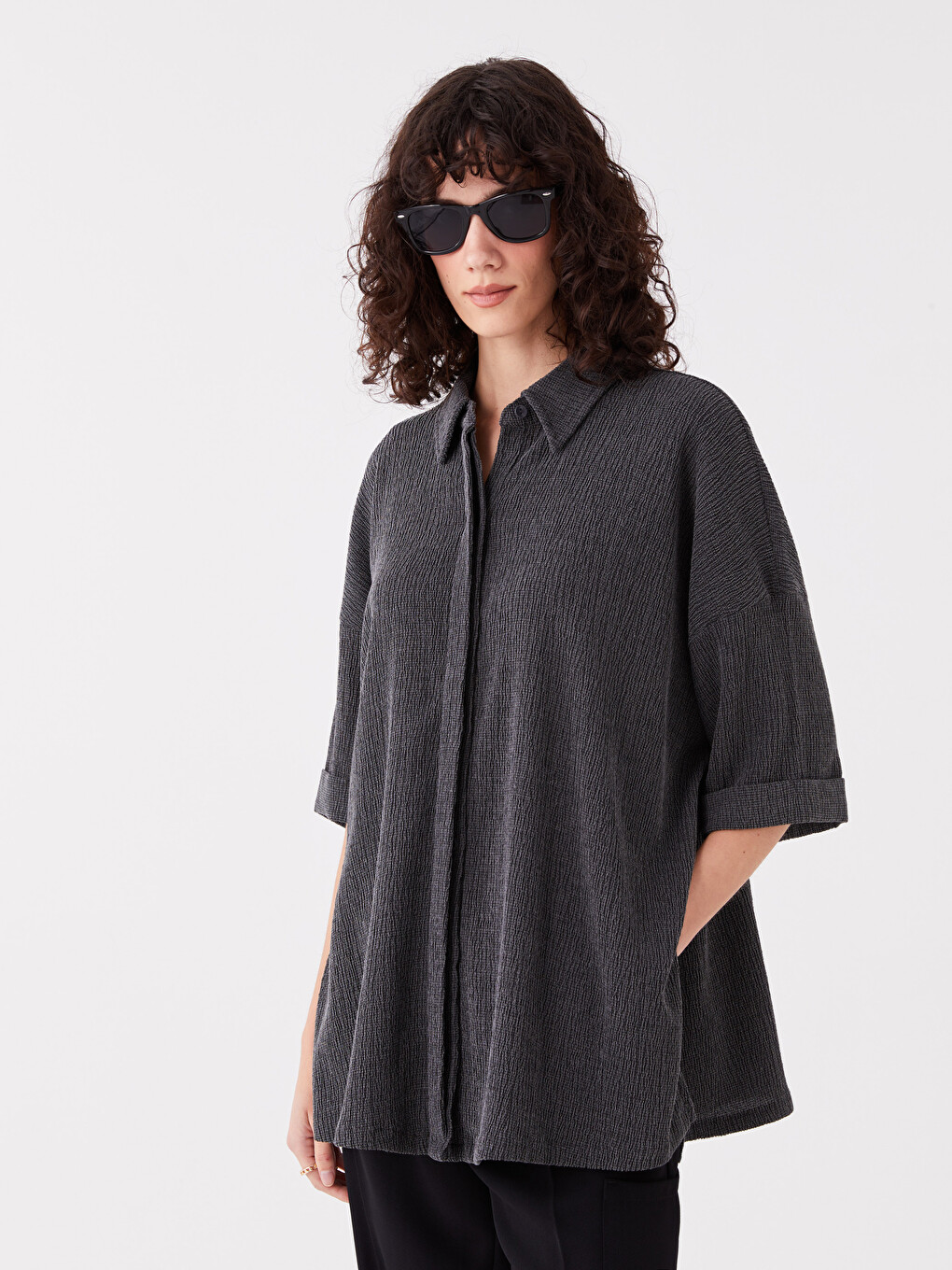 Collared Neck Plain Short Sleeve Oversize Women's Blouse-1