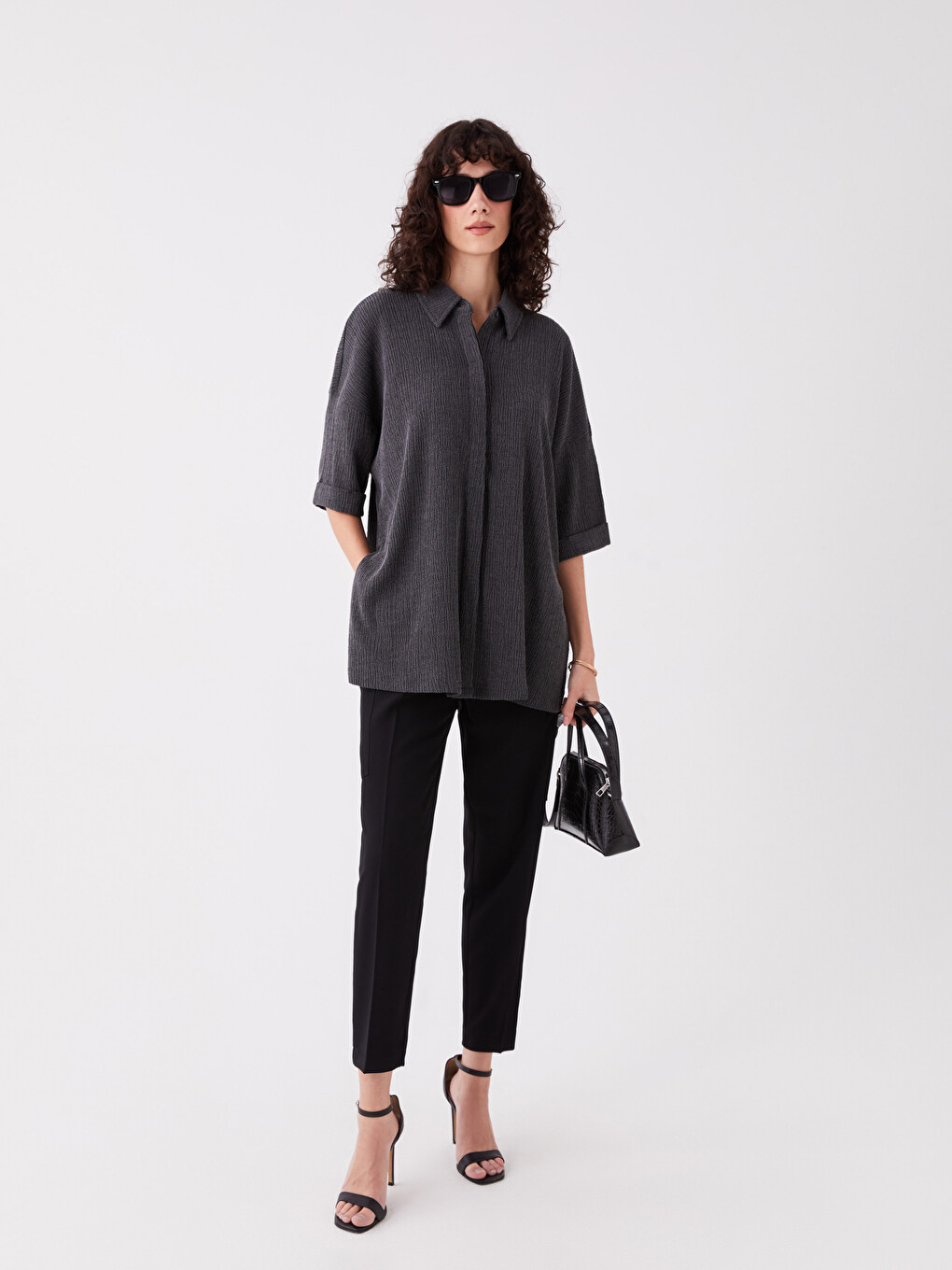 Collared Neck Plain Short Sleeve Oversize Women's Blouse-2