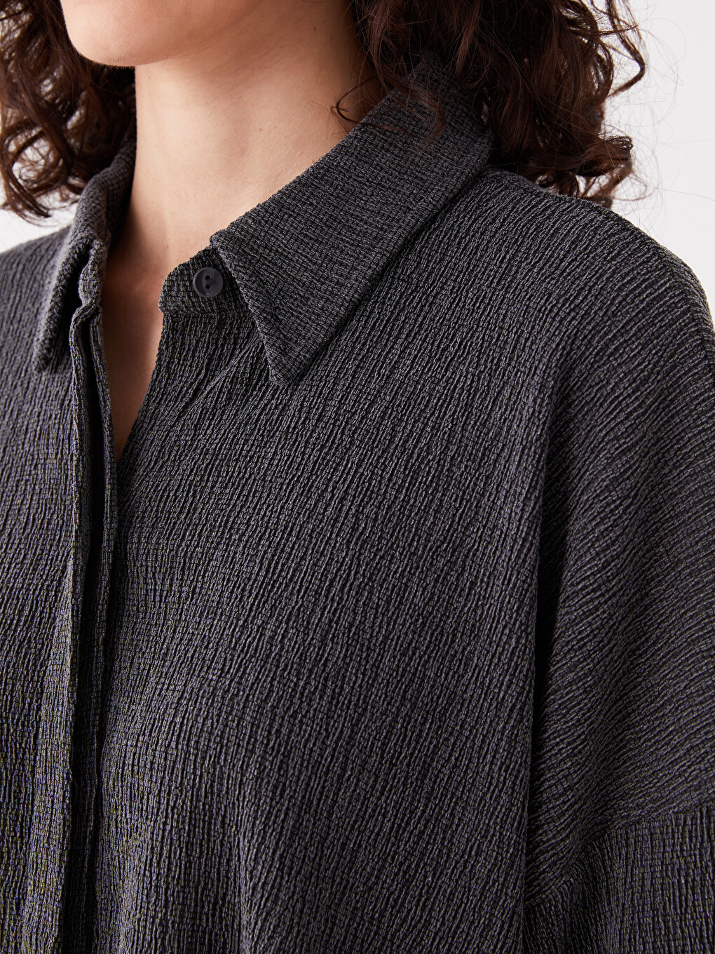 Collared Neck Plain Short Sleeve Oversize Women's Blouse-3