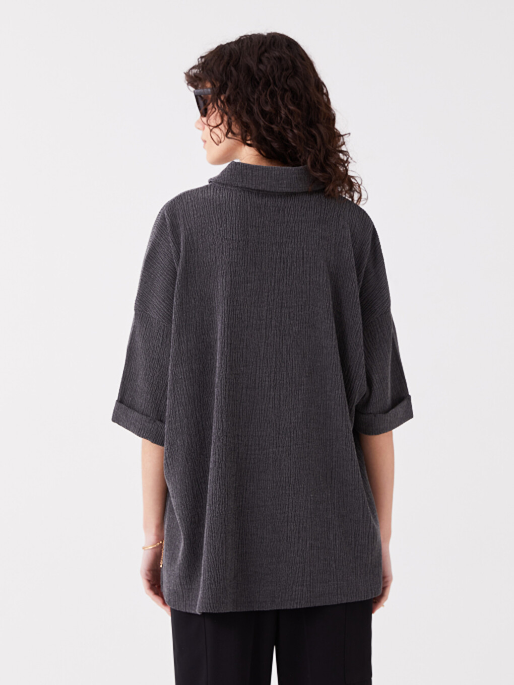 Collared Neck Plain Short Sleeve Oversize Women's Blouse-4
