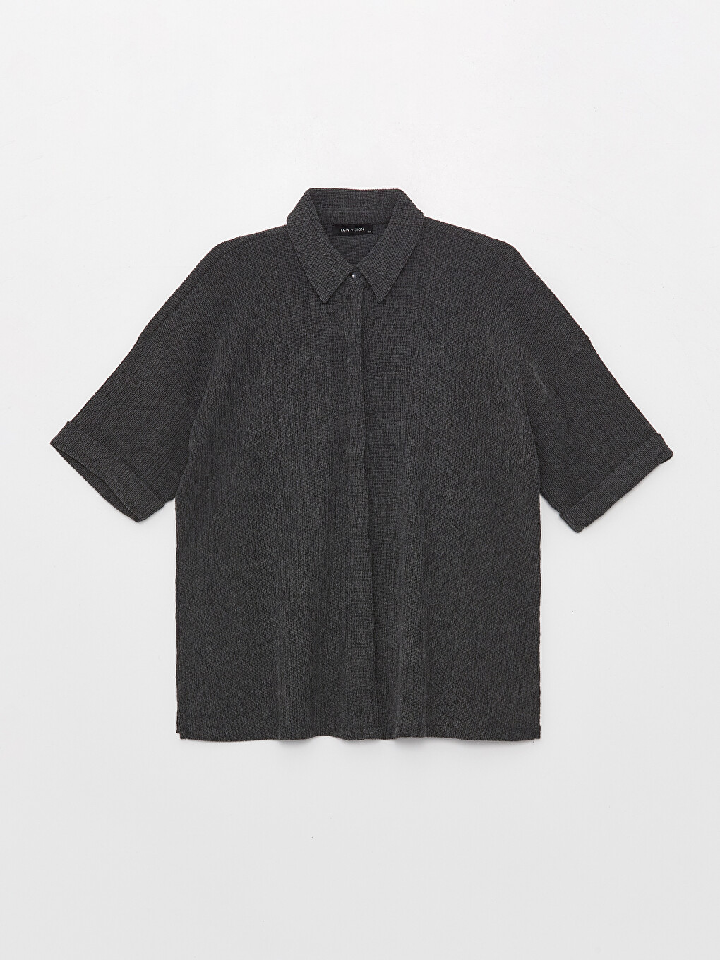 Collared Neck Plain Short Sleeve Oversize Women's Blouse-5