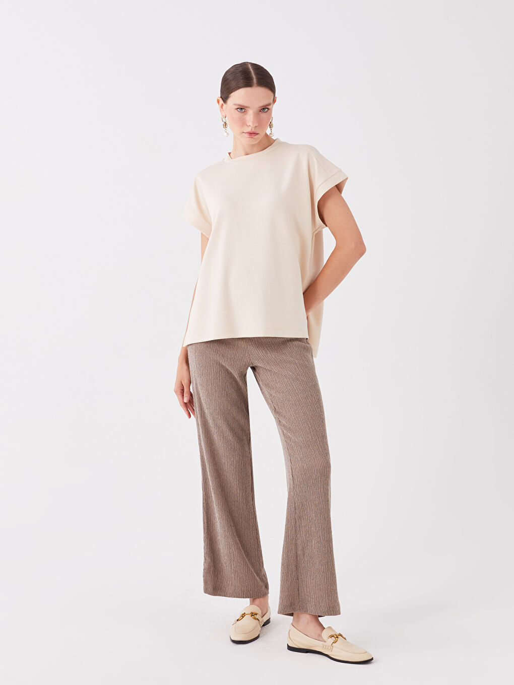 Kahverengi Beli Lastikli Rahat Kalıp Kadın Eşofman Altı-1