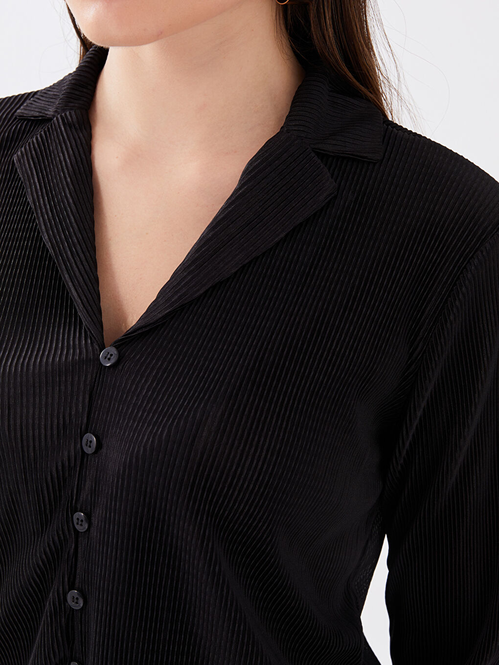 Siyah Gömlek Yaka Düz Uzun Kollu Kadın Bluz-3