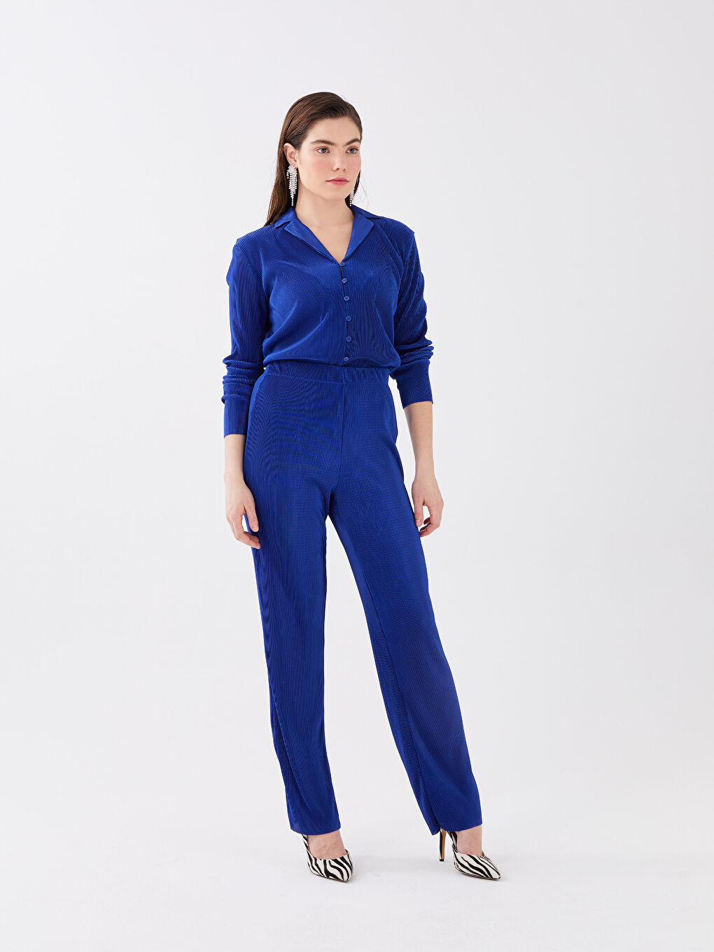 Lacivert Beli Lastikli Düz Geniş Paça Kadın Pantolon