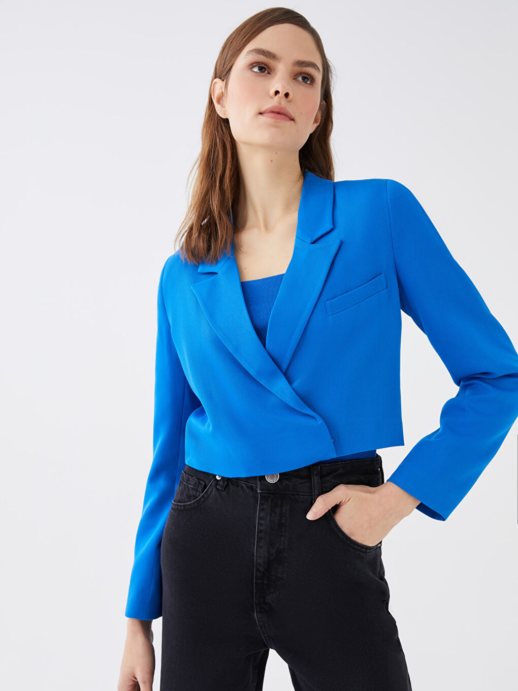 LCW Vision Double Breasted Collar Straight Long Sleeve Crop Women's Jacket -S3DT70Z8-JUF