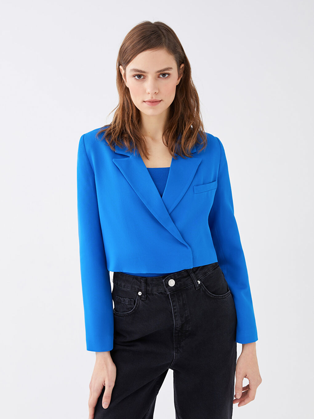 LCW Vision Double Breasted Collar Straight Long Sleeve Crop Women's Jacket -S3DT70Z8-JUF