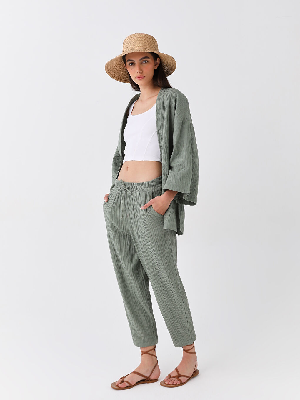 Elasticated Waist Plain Muslin Women's Trousers-1