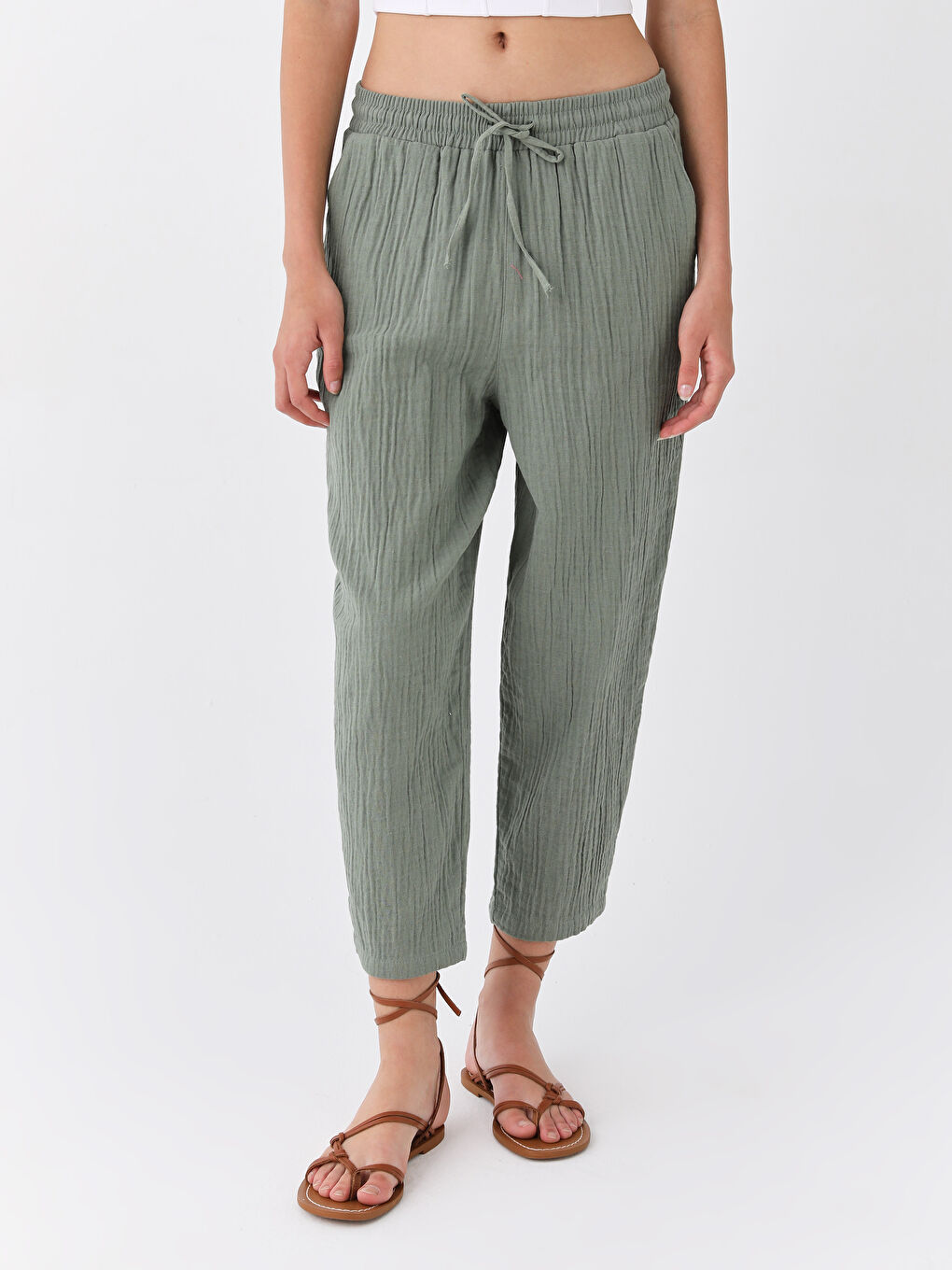 Elasticated Waist Plain Muslin Women's Trousers-2