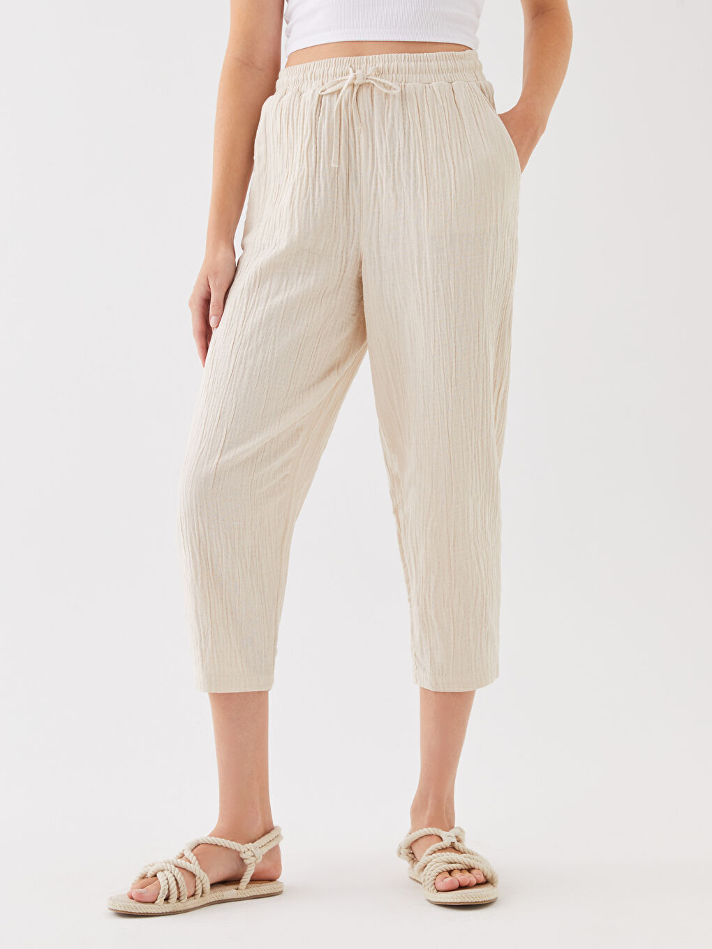 Bej Beli Lastikli Düz Müslin Kadın Pantolon-2