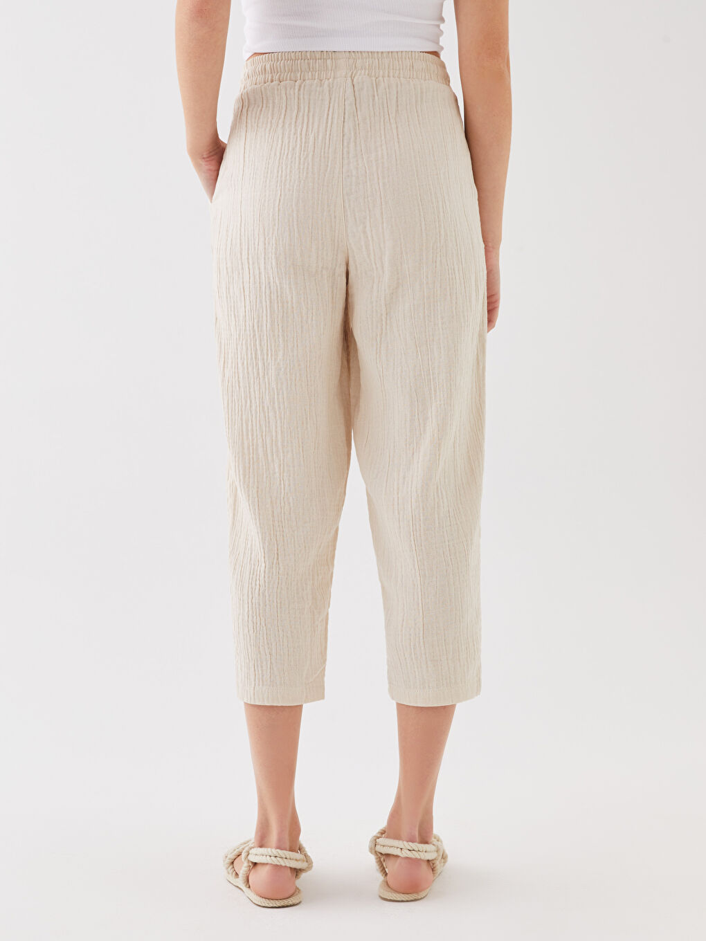 Bej Beli Lastikli Düz Müslin Kadın Pantolon-3