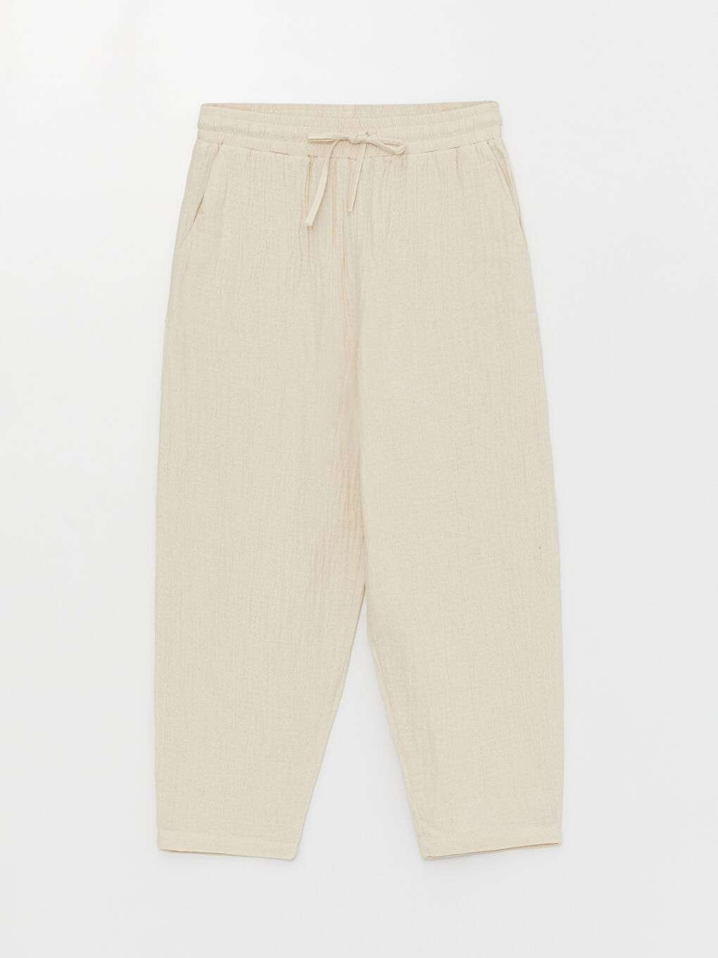 Bej Beli Lastikli Düz Müslin Kadın Pantolon-4