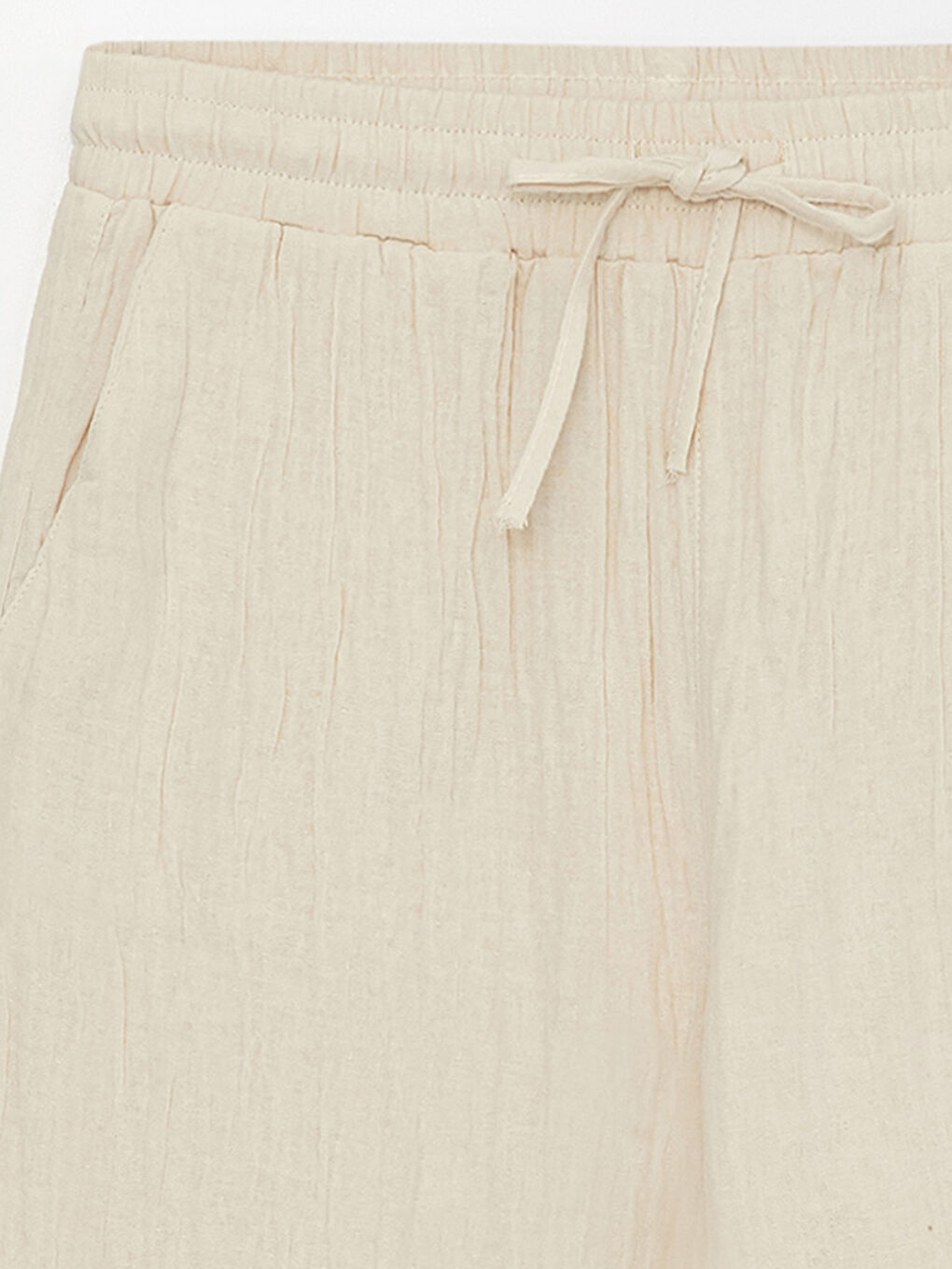 Bej Beli Lastikli Düz Müslin Kadın Pantolon-6