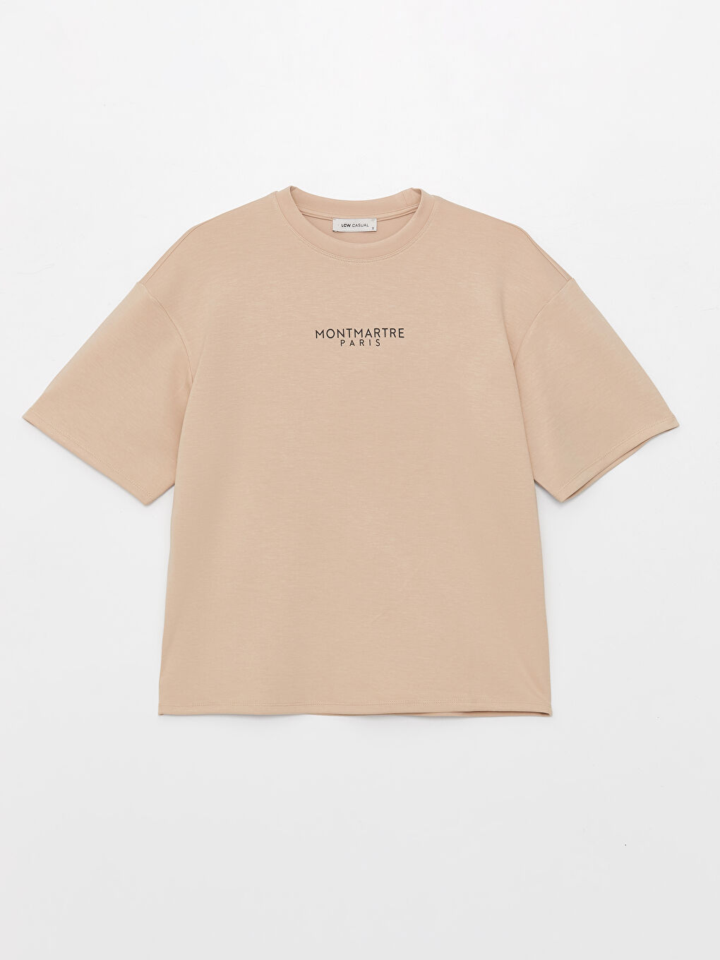 Ekru Bisiklet Yaka Baskılı Kısa Kollu Oversize Kadın Tişört-5