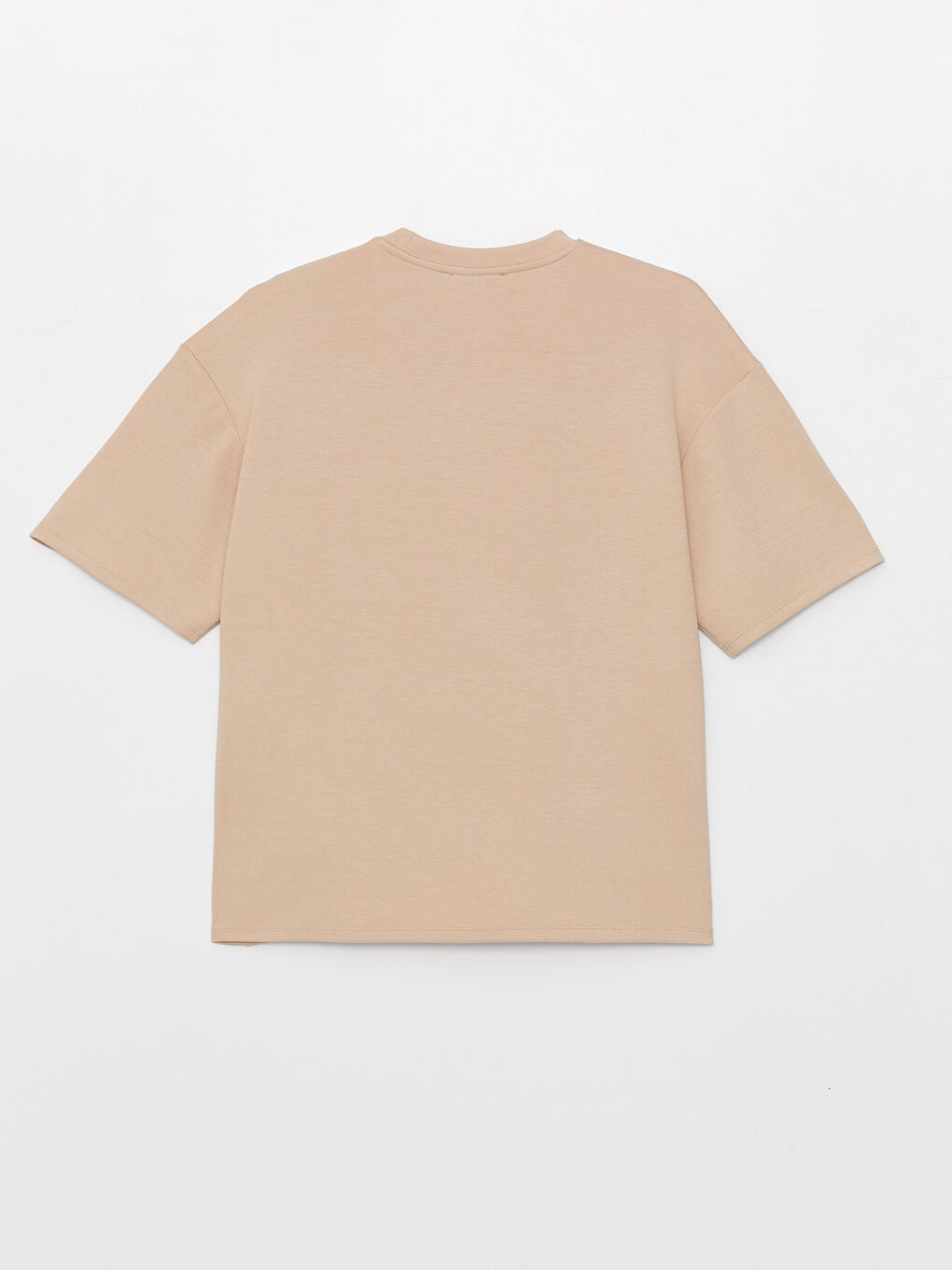 Ekru Bisiklet Yaka Baskılı Kısa Kollu Oversize Kadın Tişört-6