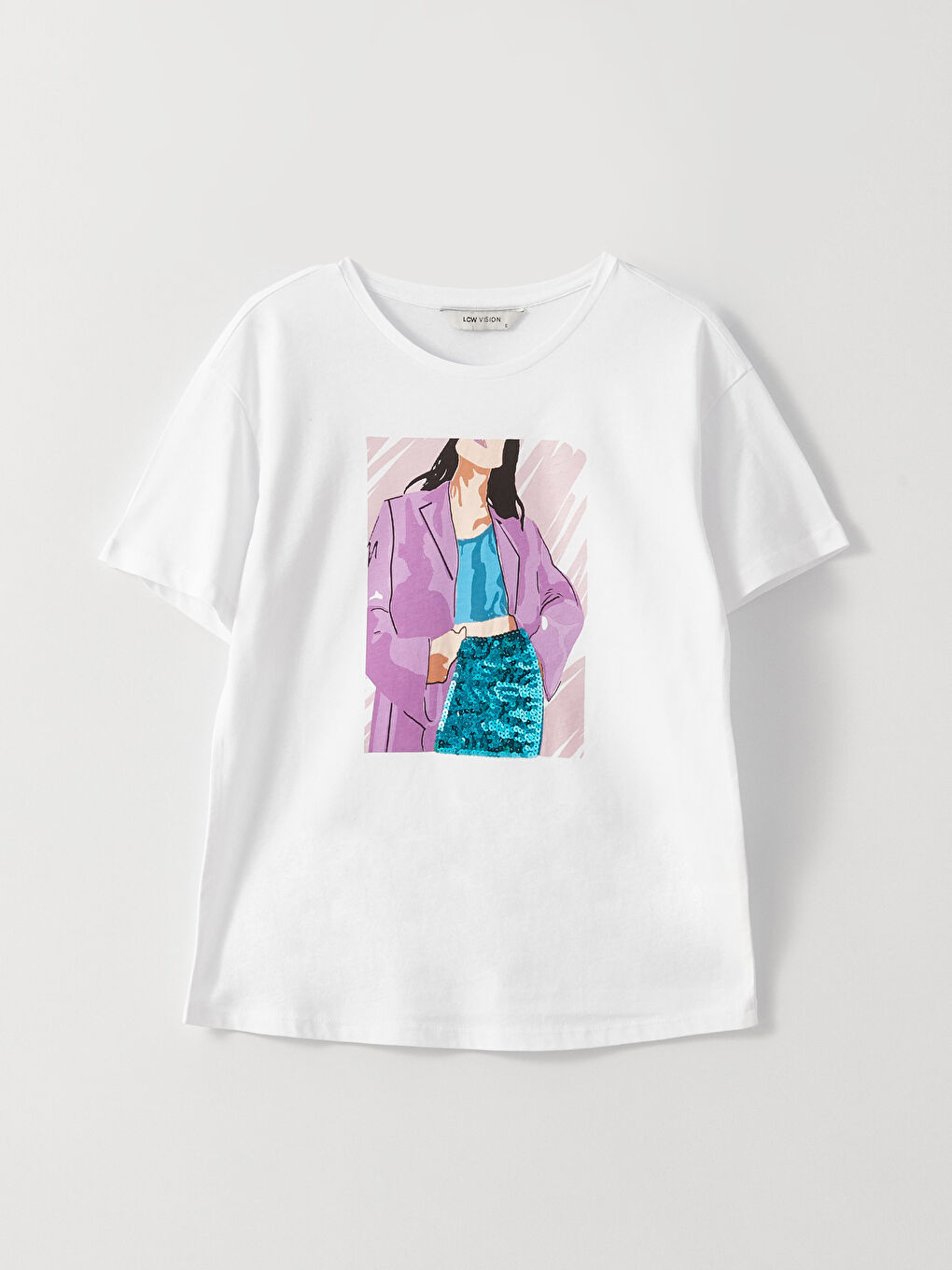 Beyaz Bisiklet Yaka Baskılı Kısa Kollu Kadın Tişört-5