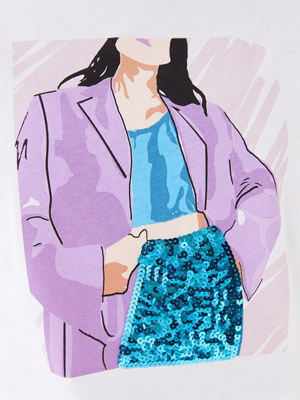 Beyaz Bisiklet Yaka Baskılı Kısa Kollu Kadın Tişört-3