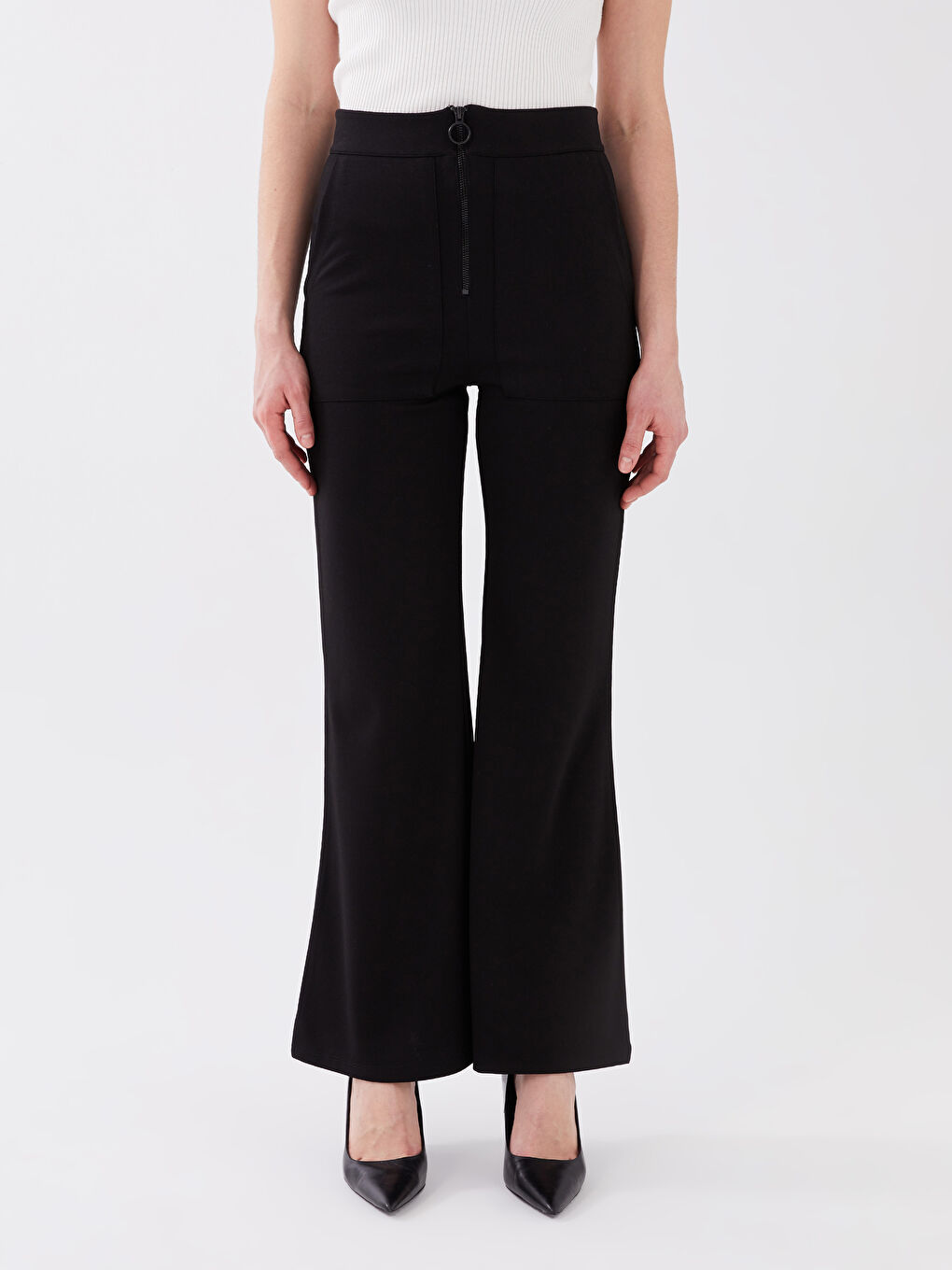 Siyah Beli Fermuarlı Düz İspanyol Paça Kadın Pantolon-3