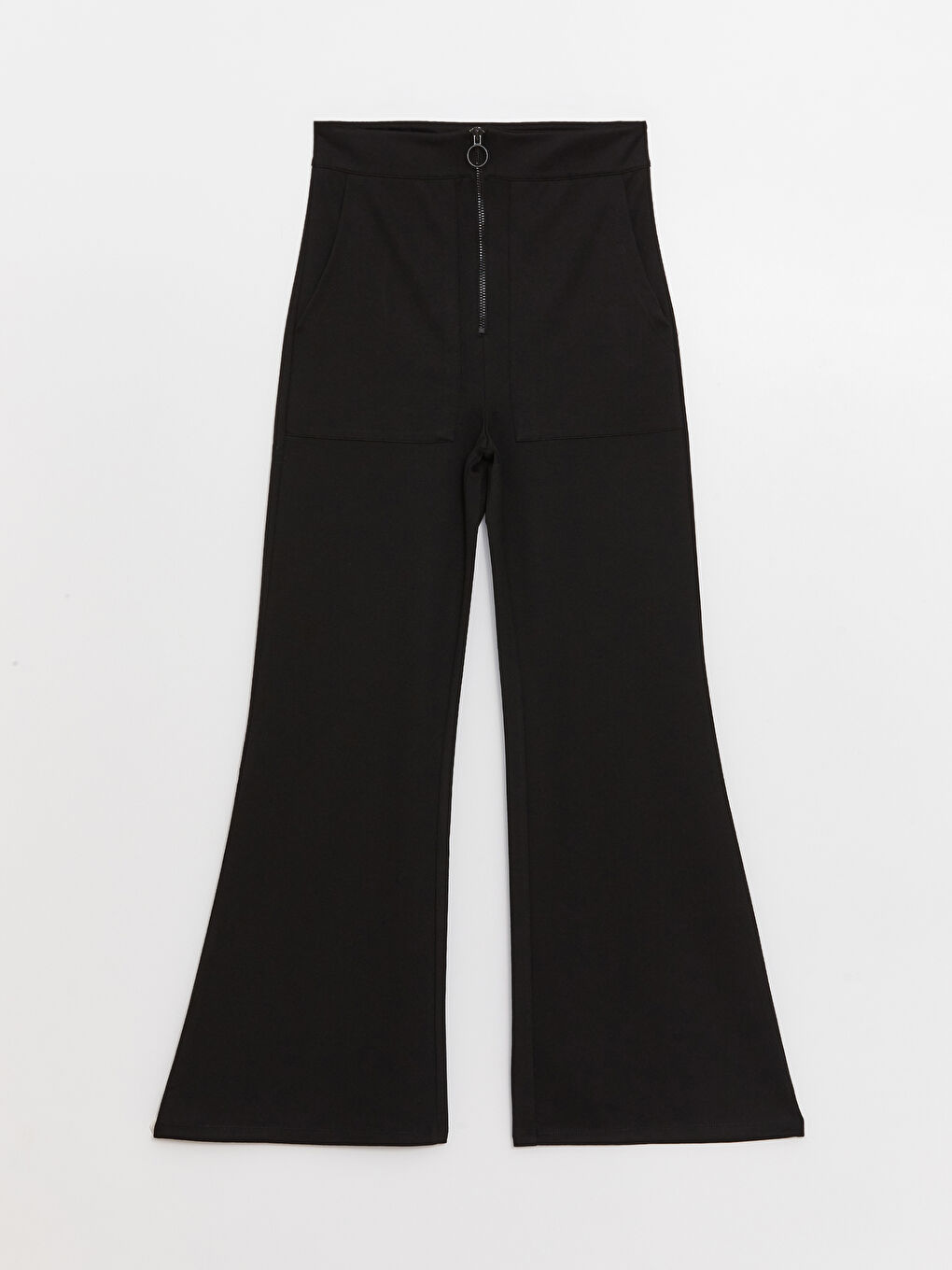 Siyah Beli Fermuarlı Düz İspanyol Paça Kadın Pantolon-5