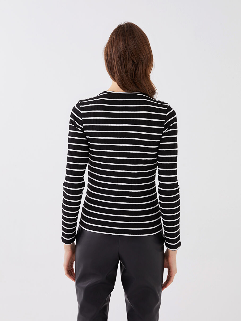 Siyah Bisiklet Yaka Çizgili Uzun Kollu Kadın Body-4