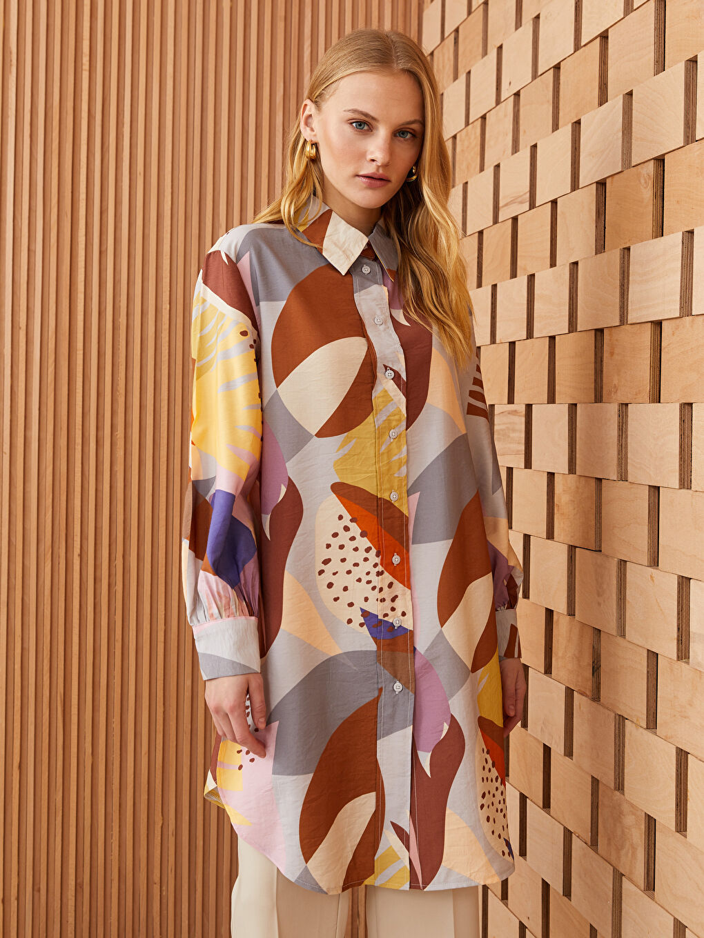 Kahverengi Desenli Kadın Gömlek Tunik