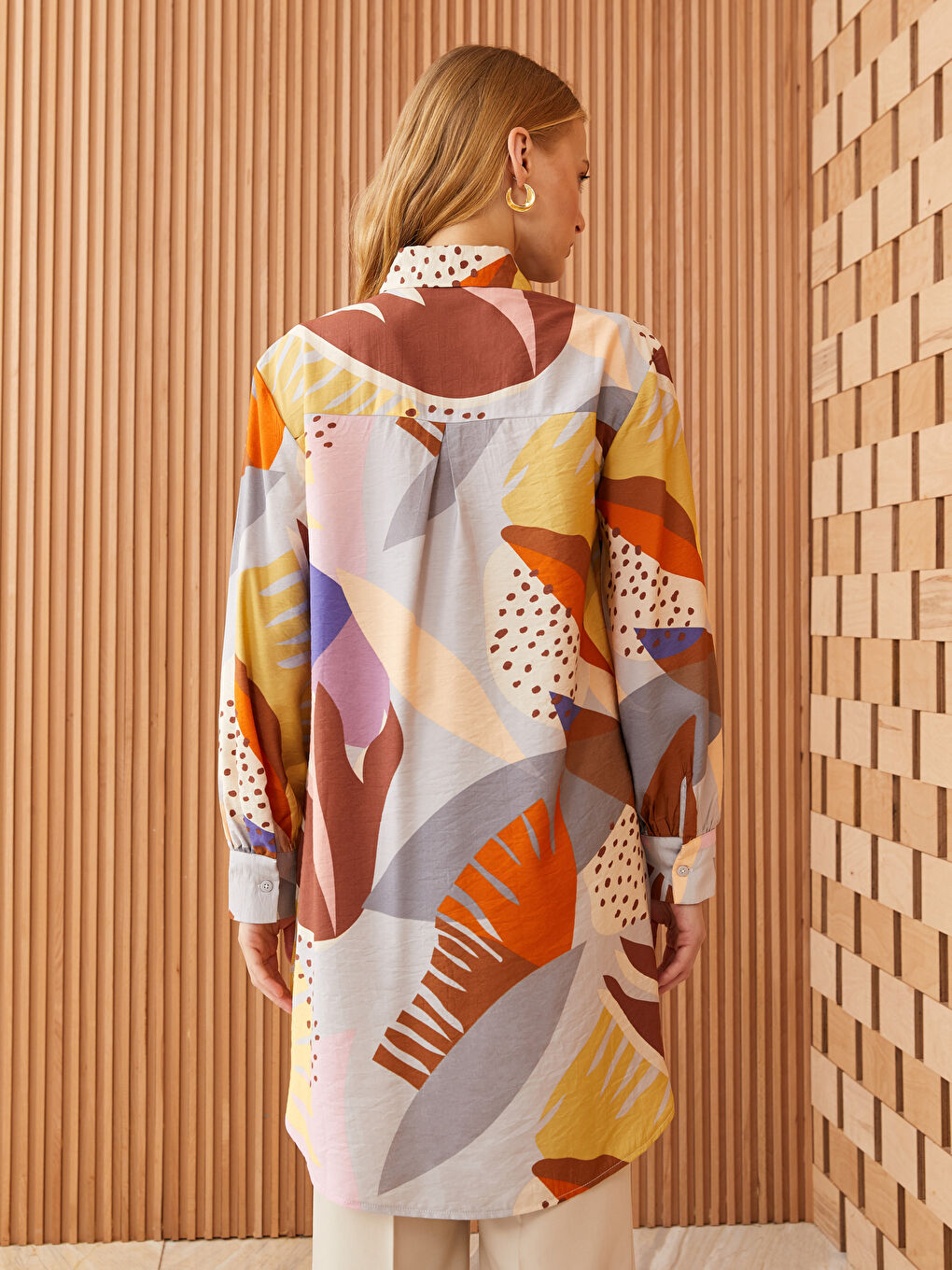 Kahverengi Desenli Kadın Gömlek Tunik-4