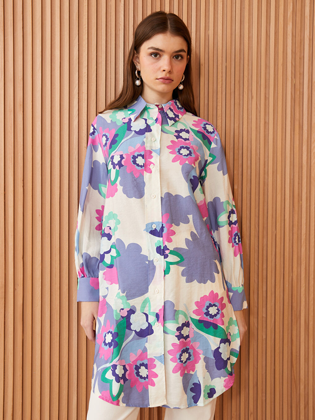 Lila Desenli Kadın Gömlek Tunik-1