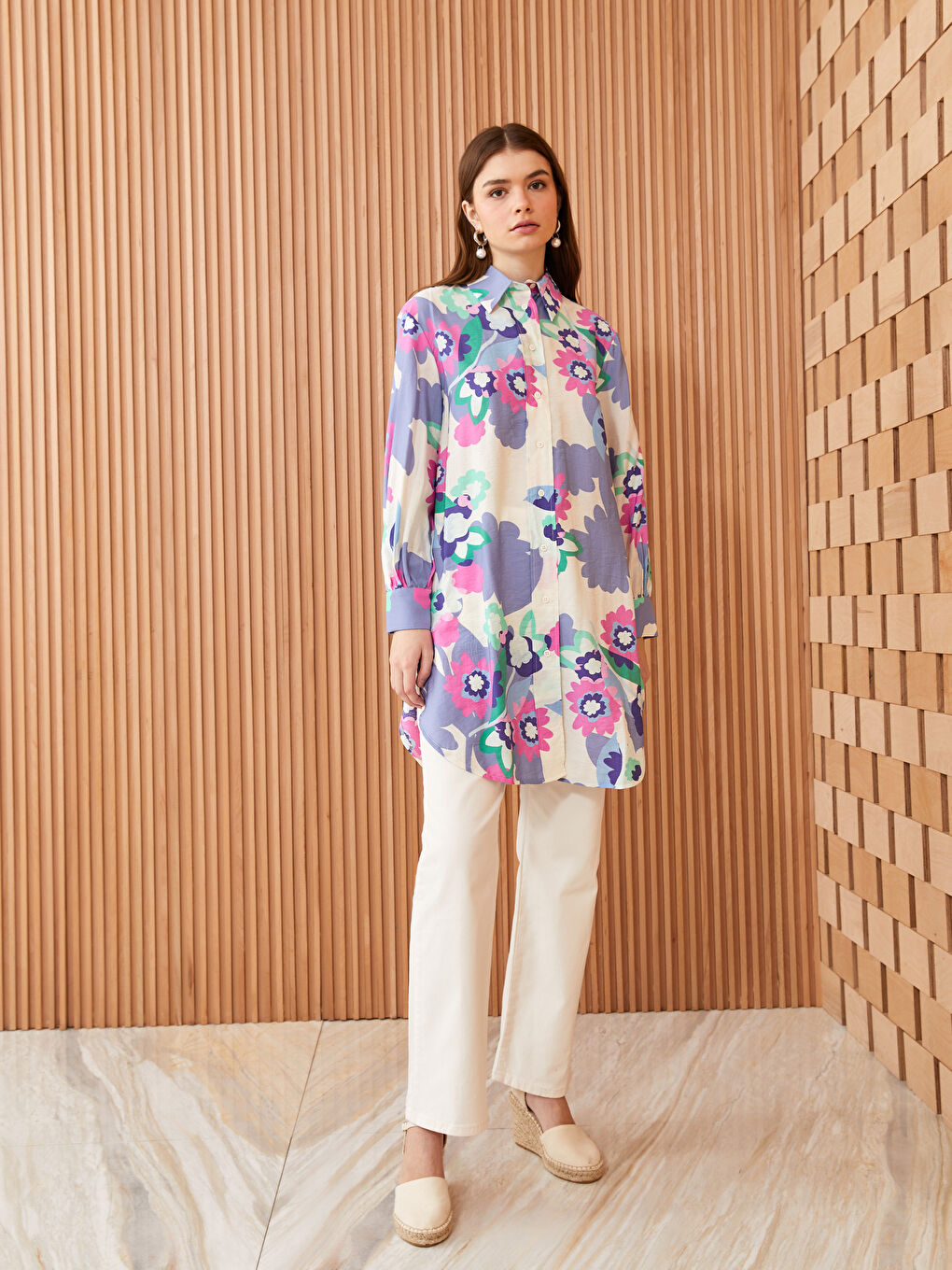 Lila Desenli Kadın Gömlek Tunik-2