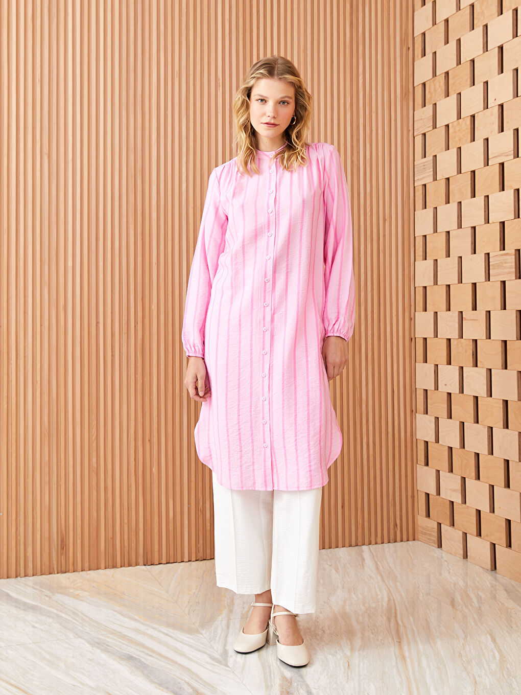 Pembe Hakim Yaka Çizgili Uzun Kollu Kadın Tunik-2